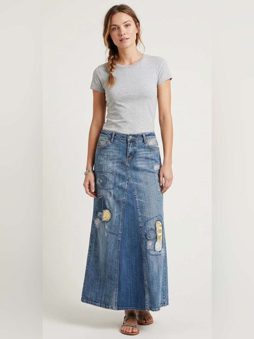 Vintage 7 For All Mankind Denim Patchwork Maxi Skirt Embroidered Y2K Boho